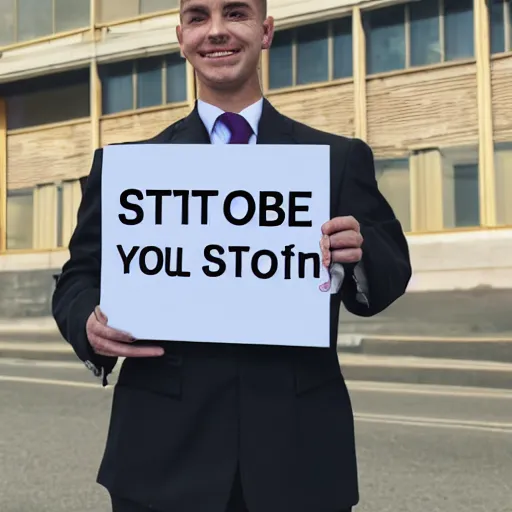 Image similar to a man wearing suite holding sign with text 'Thank you Stable Diffusion'