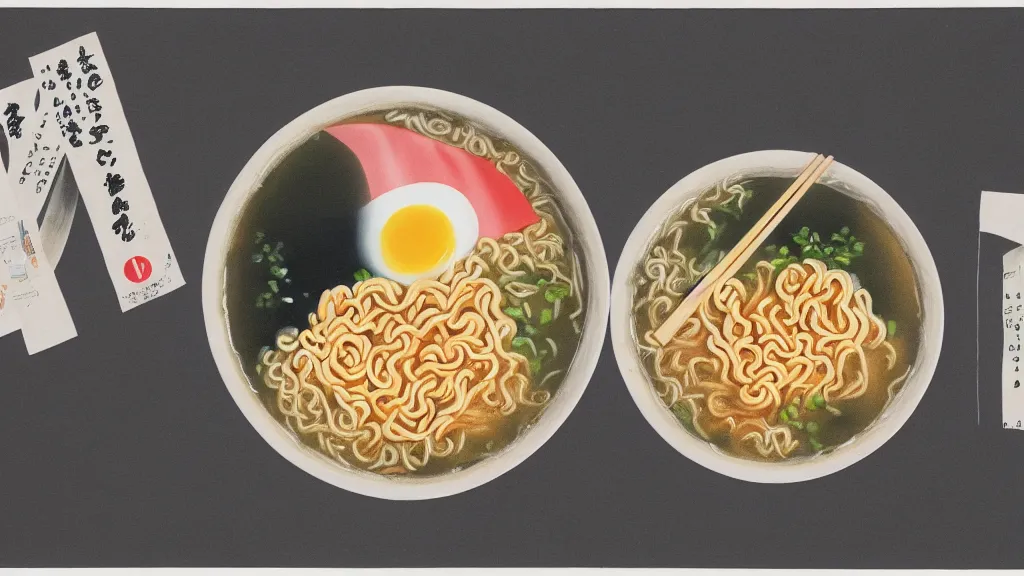 Prompt: an bowl of ramen, japan, a collage painting, in the style of wes anderson, lola dupre, david hockney, isolated on negative white space background dark monochrome neon spraypaint accents volumetric octane render