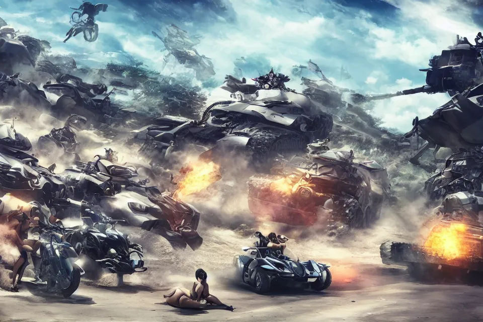 Prompt: Wide angle shot of voluptuous Waifu battling creatures with tanks, motorcycles, and advanced technology, in a beachfront environment, luxury concept cars in background, beautiful aesthetic, photorealistic, hyperrealistic, octane render, HDR, IG Studios Anime Style