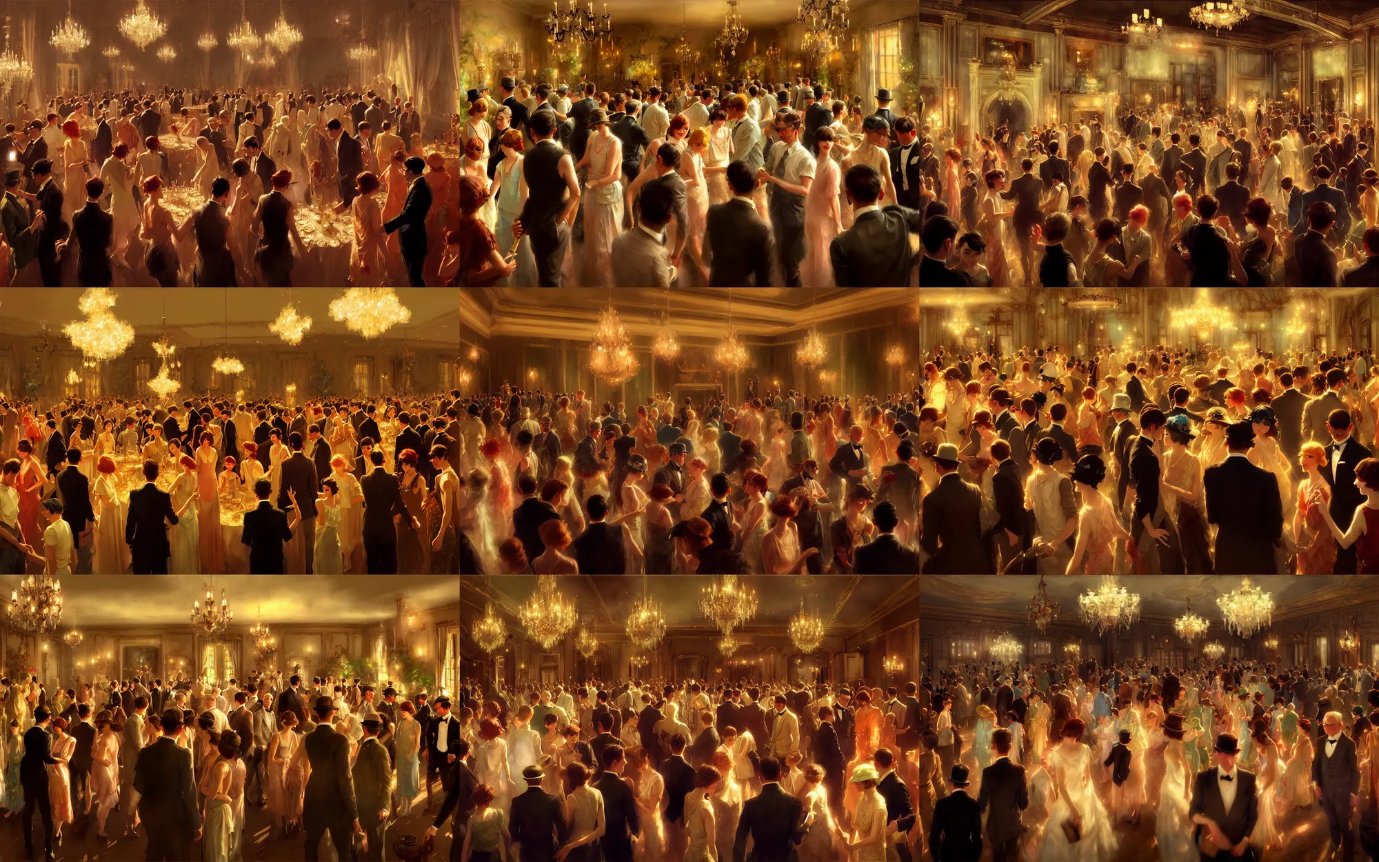 Prompt: craig mullins and ghibli and james gurney detailed digital painting of a grand party in a beautiful mansion, 1 9 2 0 s era, many partygoers, strong contrast, unreal engine, hyper realism, realistic shading, cinematic composition, realistic render, octane render, detailed textures, photorealistic, very wide shot, 3 5 mm film