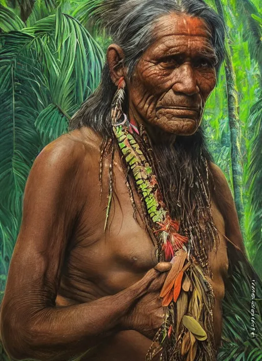 Prompt: a beautiful painting portrait of a very old indigenous grand-father in the amazon jungle, matte painting, fantasy art, ayahuasca, highly detailed