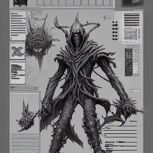 Prompt: vecna the arch lich design, character sheet, Moebius, Greg Rutkowski, Zabrocki, Karlkka, Jayison Devadas, Phuoc Quan, trending on Artstation, 8K, ultra wide angle, zenith view, pincushion lens effect.