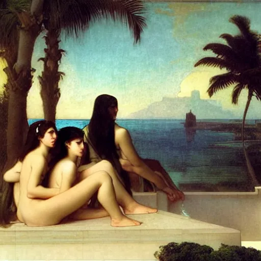 Image similar to Silhouette of five girl at the palace, thunderstorm, greek pool, beach and palm trees on the background major arcana sky, by paul delaroche, alphonse mucha and arnold böcklin arnold böcklin hyperrealistic 8k, very detailed