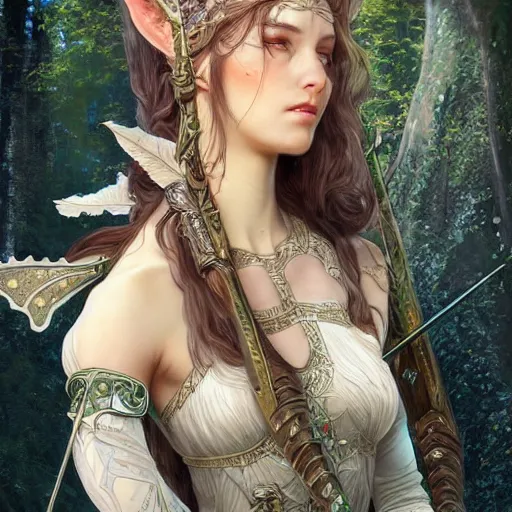 Image similar to a photograpic of elven archers, cute, fantasy, intricate, elegant, highly detailed, digital painting, artstation, long shot, photographic, half-body portrait, concept art, smooth, sharp focus, illustration, art by artgerm and H R Giger and alphonse mucha