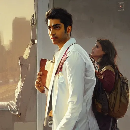 Image similar to Anxious good looking pale young Indian doctors wearing American clothes at the airport, portrait, elegant, intricate, digital painting, artstation, concept art, smooth, sharp focus, illustration, art by artgerm and greg rutkowski and alphonse mucha