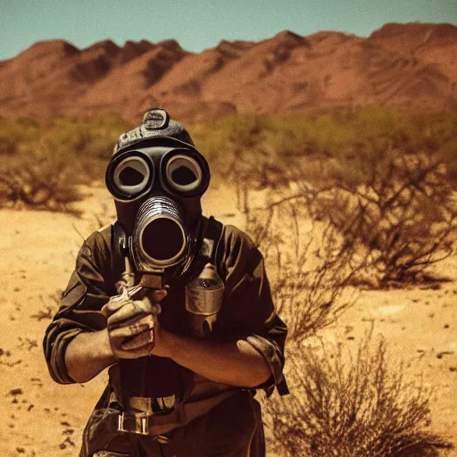 Prompt: a man wearing a gasmask, heavily equipped, in the desert, film still, panasonic 35mm