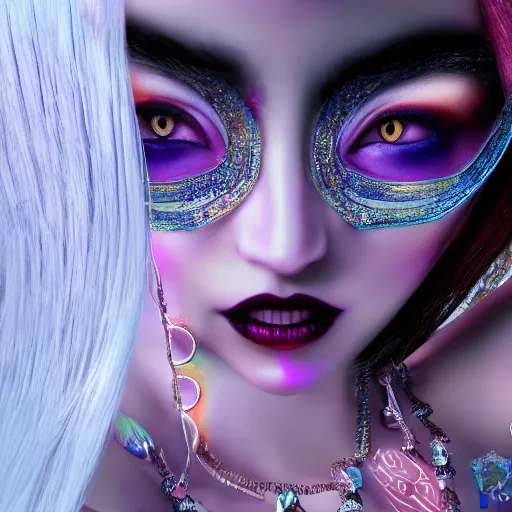 Image similar to Ethereal, mysterious stunning maximalist mesmerizing girl from the rainbow sky paradise, high-tech, professional high fashion model photo shoot for vampire goth fashion, hyperdetailed by Mark Ryden and artgerm and Hiroyuki-Mitsume Takahashi, close-up 35mm macro shot, hyperrealism, 8k resolution 3D, cinematic, dynamic lighting, octane render, unreal engine 5