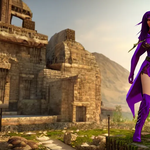 Image similar to high quality unreal engine render of a Dungeons and Dragons character, half-elf sorceress, she has purple hair, 30 years old, a fire spell forms in her hands, ancient Persian city in the background