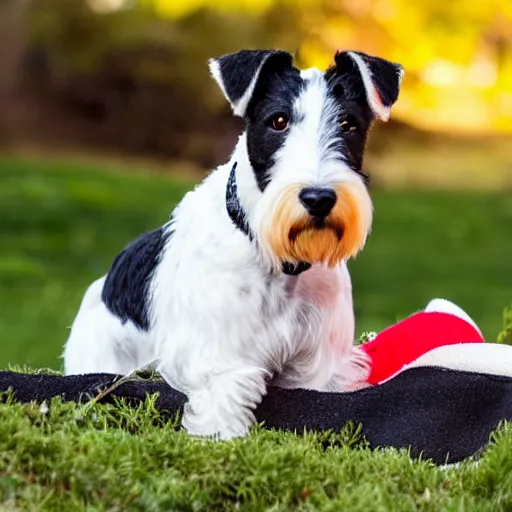 Image similar to old fox terrier with a white and black coat, red collar, white tail, lying in the sun