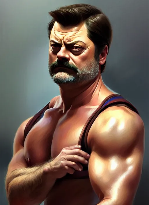 Prompt: portrait of nick offerman, intricate, elegant, muscular! highly detailed, digital painting, artstation, concept art, smooth, sharp focus, illustration, art by artgerm and greg rutkowski and alphonse mucha