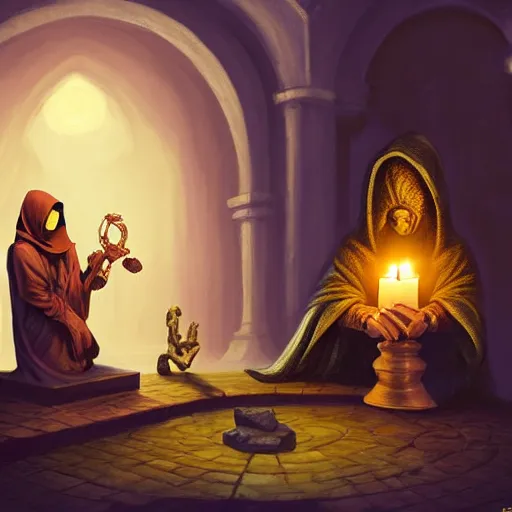 Image similar to a hooded cultist is stabbing a banana placed on an altar, in front of a stone statue of a forgotten god, by patrick mcenvoy and michael komarck and fantasy flight, incredible quality, trending on artstation