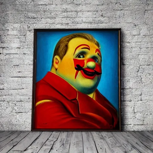 Image similar to communist clown portrait painting soviet propaganda poster overweight