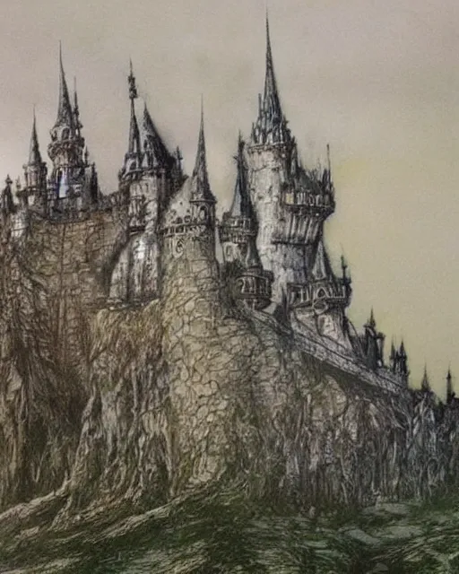 Image similar to beautiful concept art of a fantasy castle by alan lee