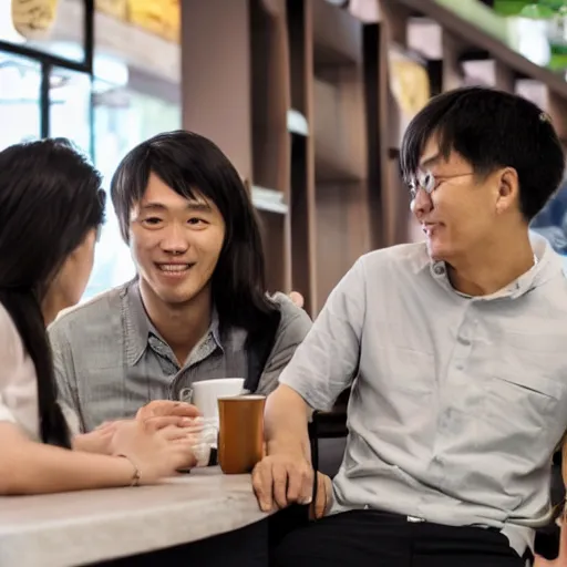 Image similar to taiwan brother, sister and her foreign husband sit down waiting for coffee in cafe