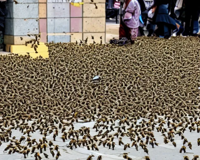 Image similar to swarm of bee's. infestation in the city. city dwellers run for their lives. terrorist attack.