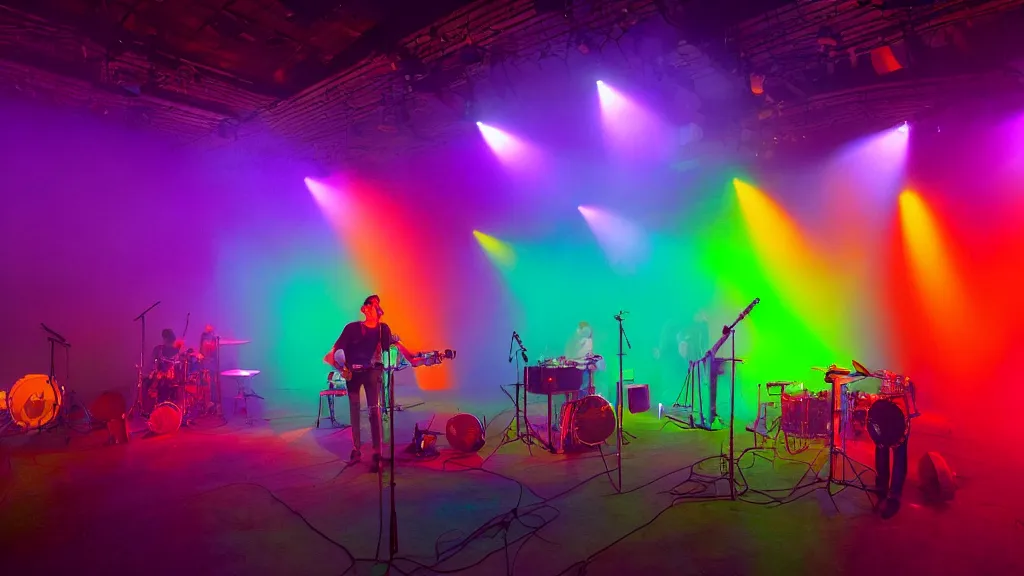 Prompt: a music stage with instruments, drums, colored spot lights cut through the fog by roder dean and greta socha and pablo dominguez.