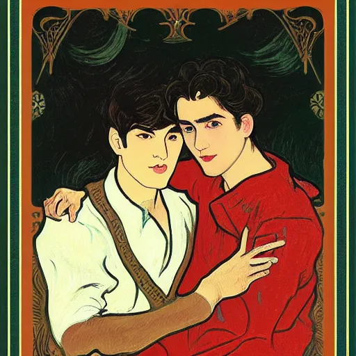 Image similar to painting of young cute handsome beautiful dark medium wavy hair man in his 2 0 s named shadow taehyung and cute handsome beautiful min - jun together at the halloween party, bubbling cauldron, candles, smoke, tarot, autumn colors, elegant, stylized, soft facial features, delicate facial features, art by alphonse mucha, vincent van gogh, egon schiele