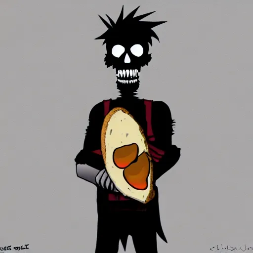 Prompt: gorillaz style theme skeleton eating a slice of bread