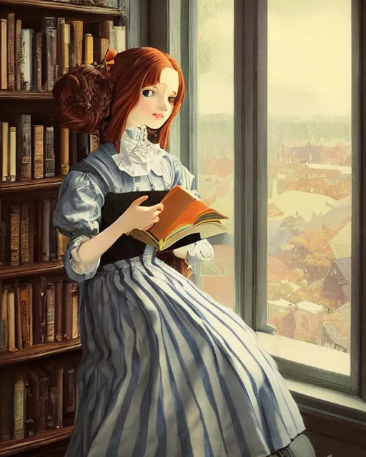 Image similar to a portrait of a victorian maid with long, flowing, auburn hair, detailed face, large eyes, happy, maid outfit, standing in a victorian reading room, window, short bookshelf, holding a stack of books, vivid colors, soft lighting, atmospheric, cinematic, moody, in the style of Ilya Kuvshinov and Range Murata, Krenz Cushart, oil on canvas, anime, 8K