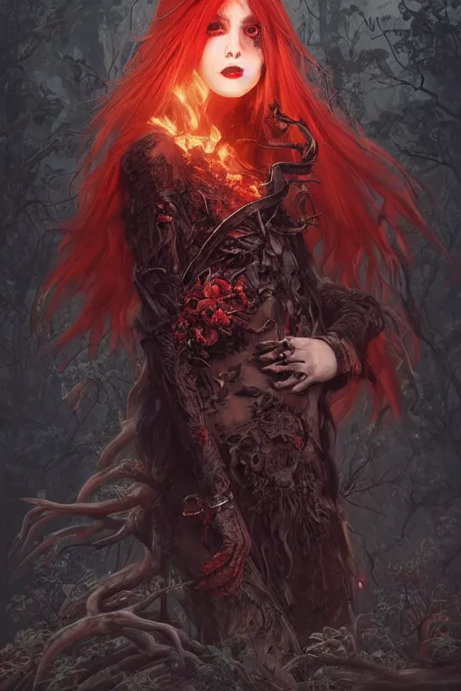 Prompt: full body shot, witch with 4 eyes, red hair, crow helmet, floral dress, dead forest, fantasy, intricate, photorealistic, elegant, stylish, highly detailed, digital painting, artstation, concept art, smooth, sharp focus, illustration, art by artgerm and greg rutkowski and terese nielsen, fire scheme