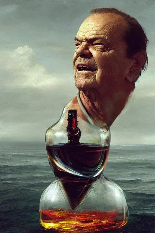 Image similar to a ship in a bottle but instead of a ship it is jack nicholson in the bottle, painting by caravaggio, ruan jia, jakub rebelka, artgerm, greg rutkowski, edgar maxence