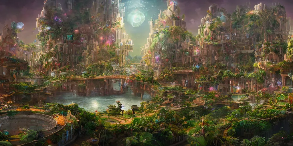 Image similar to a utopian city, filled with fauna, with bubbles floating around everywhere, building cover with plant, dynamic lighting, fantasy concept art, trending on art station, stunning visuals, creative, cinematic, ultra detailed