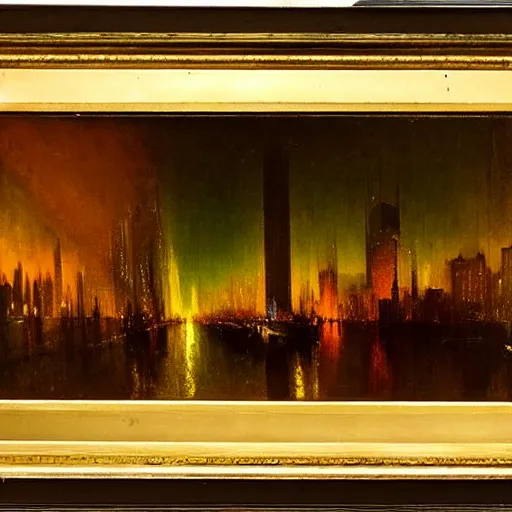 Image similar to cyberpunk cityscape at night with silhouette figure in foreground. Turner painting 1910