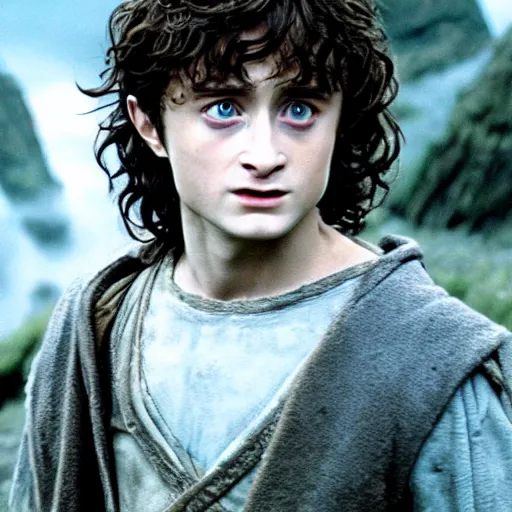 Prompt: Film still of a young Daniel Radcliffe as Frodo in Lord of the Rings: The Return of the King, 4k, wide shot, cinematic