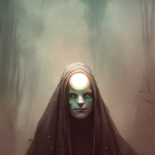 Image similar to beautiful young witch, glowing eyes, magic, high detail, dramatic light, digital art, dark, painted by seb mckinnon and greg rutkowski, trending on artstation