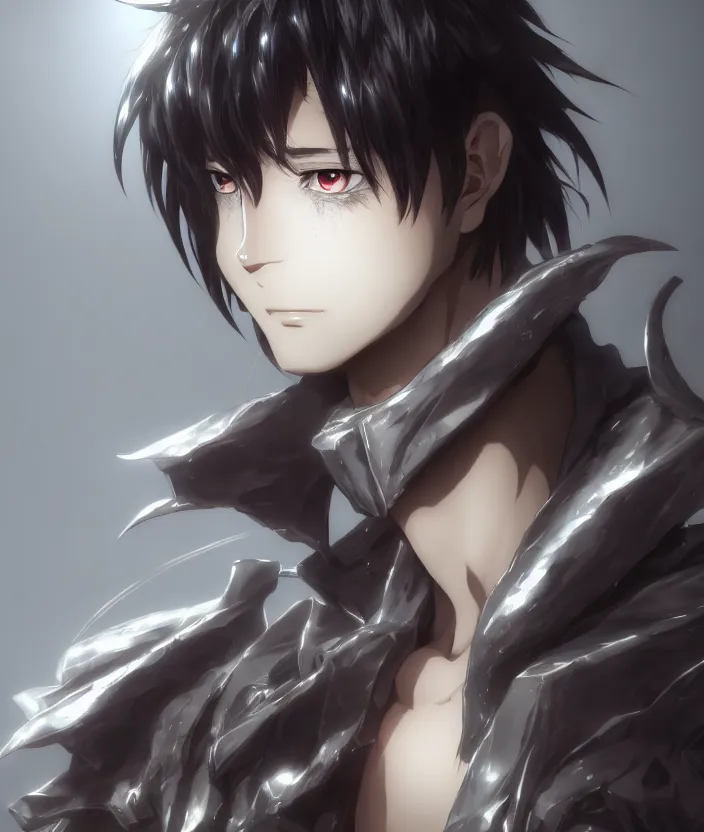 Image similar to a detailed manga character portrait of a dark haired silver cyborg anime man wearing a tattered brown cape, trending on artstation, digital art, 4 k resolution, detailed, octane render, high quality, sharp focus, hq artwork, insane detail, concept art, character concept, character illustration, full body illustration, cinematic, dramatic lighting