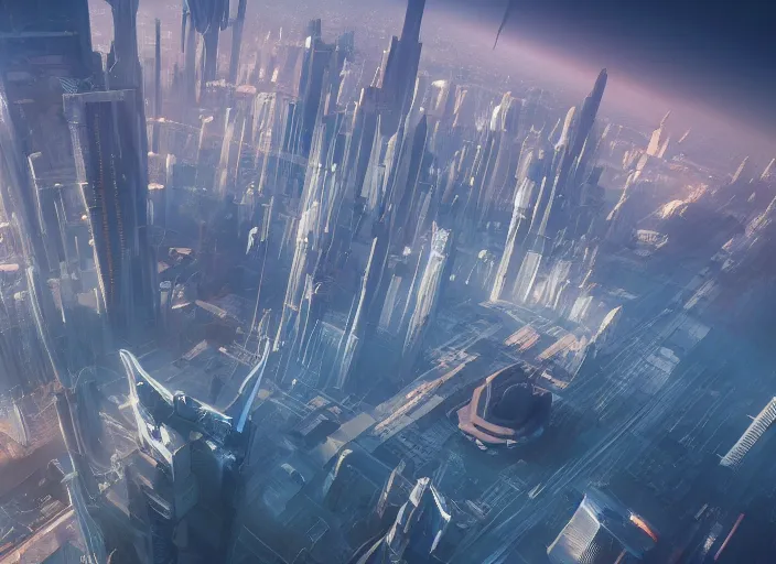 Image similar to painting of a tall futuristic city from above the clouds, intricate abstract. delicate artwork. by Tooth Wu, wlop, beeple, dan mumford. octane render, trending on artstation, greg rutkowski very coherent symmetrical artwork. cinematic, hyper realism, high detail, octane render, 8k, depth of field, bokeh. chrome accents.