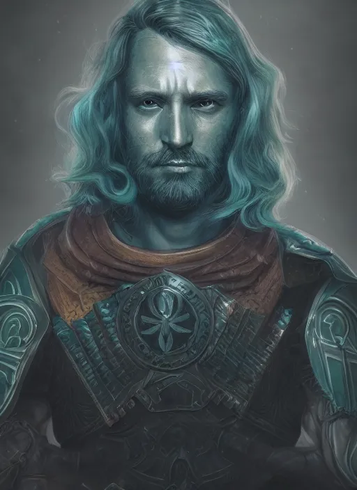 Image similar to an epic fantastic realism comic book style portrait painting of an aasimar paladin, male, shaggy silver hair, short brown beard, d & d concept art, unreal 5, daz, teal aesthetic, octane render, cosplay, rpg portrait, dynamic lighting