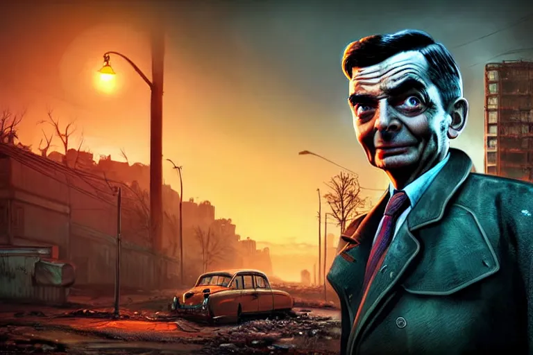 Prompt: fallout 5, mr bean as protagonist, portrait, outdoors brazilian cityscape, atmospheric lighting, painted, intricate, volumetric lighting, beautiful, daytime, winter, clear weather, mutated wildlife, sharp focus, deep colours, ultra detailed, art by william turner