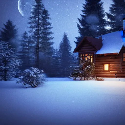 Image similar to Cabin in the woods, photorealistic, nighttime, bright moon, snow, snowy trees, snow storm, Lights from inside the house, raytracing, godrays, smokey chimney, cozy, forest, trees, extremely-detailed digital art, Trending on art station, 8k