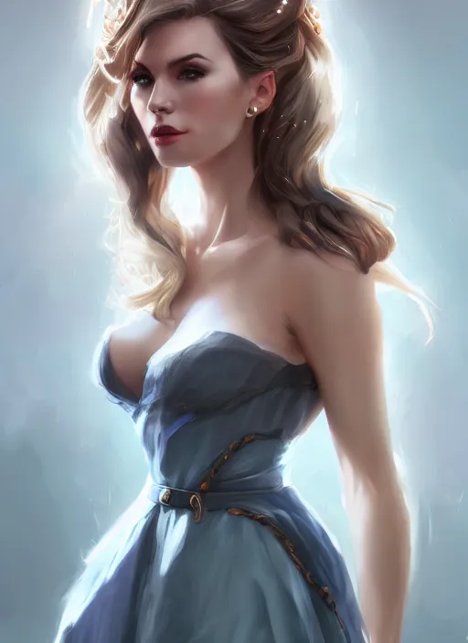 Image similar to beautiful fashion goddness, strapless dress, character portrait in the style of thomas river and artgerm, wlop, cinematic lighting, hyperdetailed, 8 k realistic, symmetrical, global illumination, radiant light, halo, love and mercy, frostbite 3 engine, cryengine, dof, trending on artstation, digital art, chanel