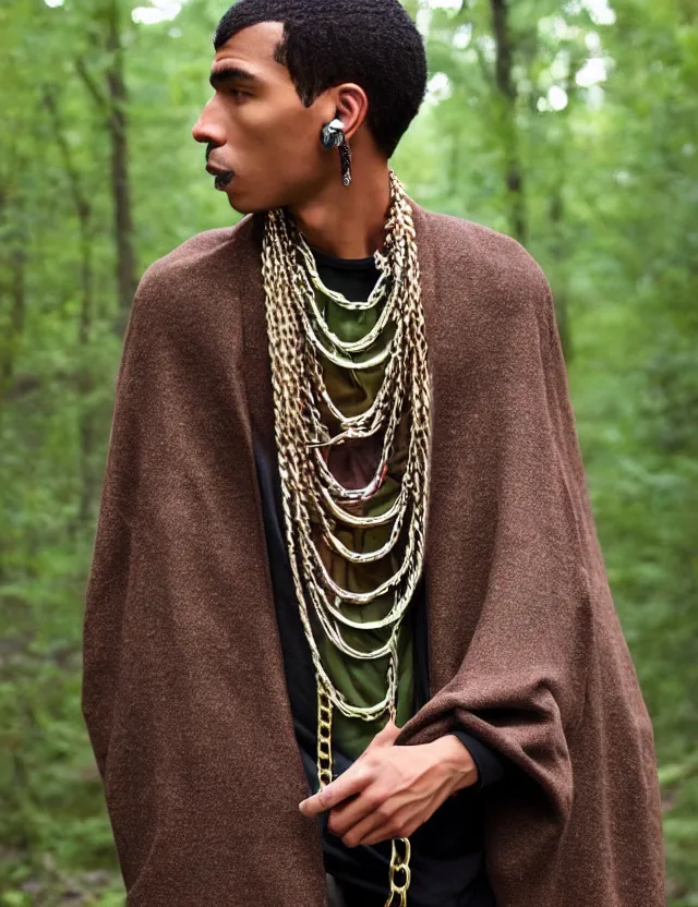 Image similar to longshot full modern detailed colorful cool handsewn textile cloak huge sleeves hispanic brown skin shaved head nature creek river stream in the woods marc jacobs gucci comfortable airy chains necklace