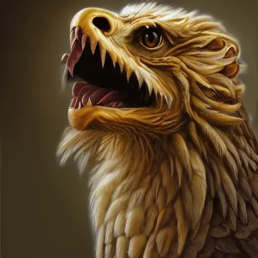 Prompt: a realistic oil painting portrait of a griffon, resembling a winged lion with an eagle head, highly detailed, trending on artstation, by james gurney and michael whelan