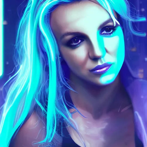 Prompt: a digital painting of britney spears in the rain with blue hair, cute - fine - face, pretty face, cyberpunk art by sim sa - jeong, cgsociety, synchromism, detailed painting, glowing neon, digital illustration, perfect face, extremely fine details, realistic shaded lighting, dynamic colorful background