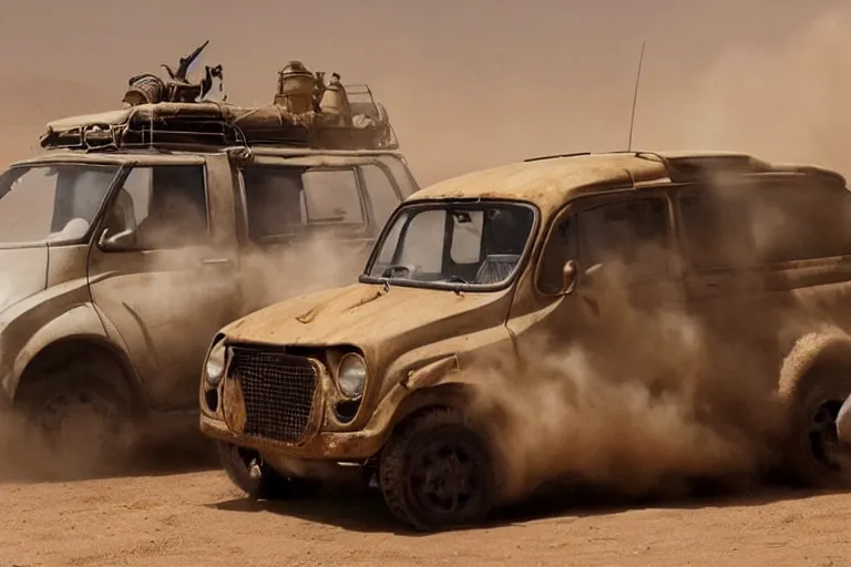 Image similar to epic sandstorm battle, Renault 4 Master cars in the Movie Mad Max: Fury Road (2015