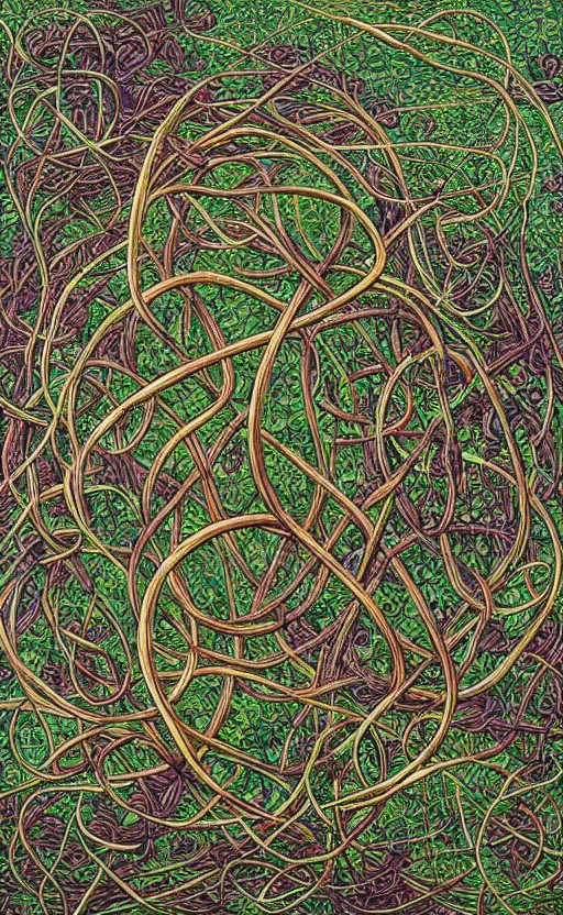 Image similar to a network of thick vines intertwined in the shape of a Celtic knot, central composition, in the style of Peter gric and Hannah yata 8k