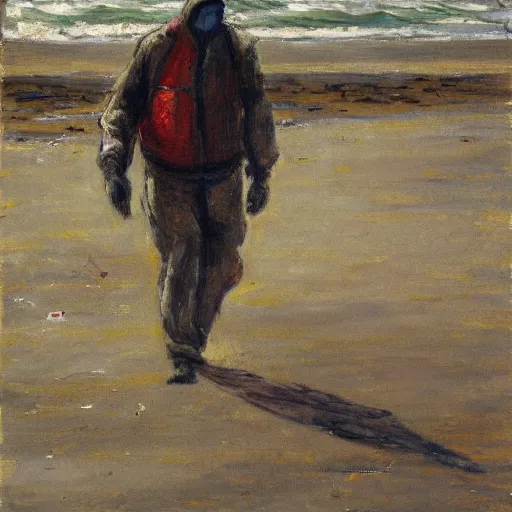 Image similar to a man in a hazmat walking on an abandoned beach, impressionist