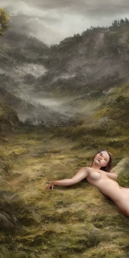 Prompt: a 3 d matte painting of rolling hills of beautiful skin, dripping wet, landscape painting, human bodies, highly detailed, hyperrealistic