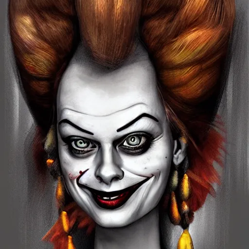 Image similar to surrealism grunge cartoon portrait sketch of margot robbie with a wide smile by - michael karcz, loony toons style, pennywise style, horror theme, detailed, elegant, intricate