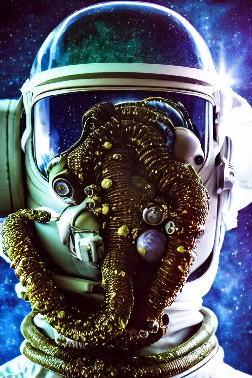 Prompt: extremely detailed studio portrait of space astronaut, alien tentacle protruding from eyes and mouth, slimy tentacle breaking through helmet visor, shattered visor, full body, soft light, disturbing, shocking realization, award winning photo by lisa kristine