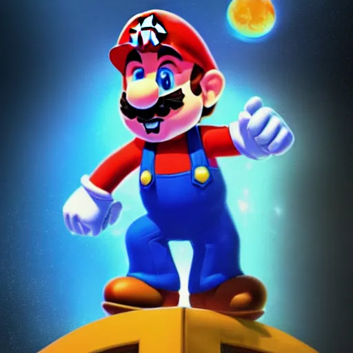 Prompt: A hyper real comic book style portait painting of Super Mario as an astronaut on the moon riding a horse, unreal 5, hyperrealistic, octane render, cosplay, RPG portrait, dynamic lighting