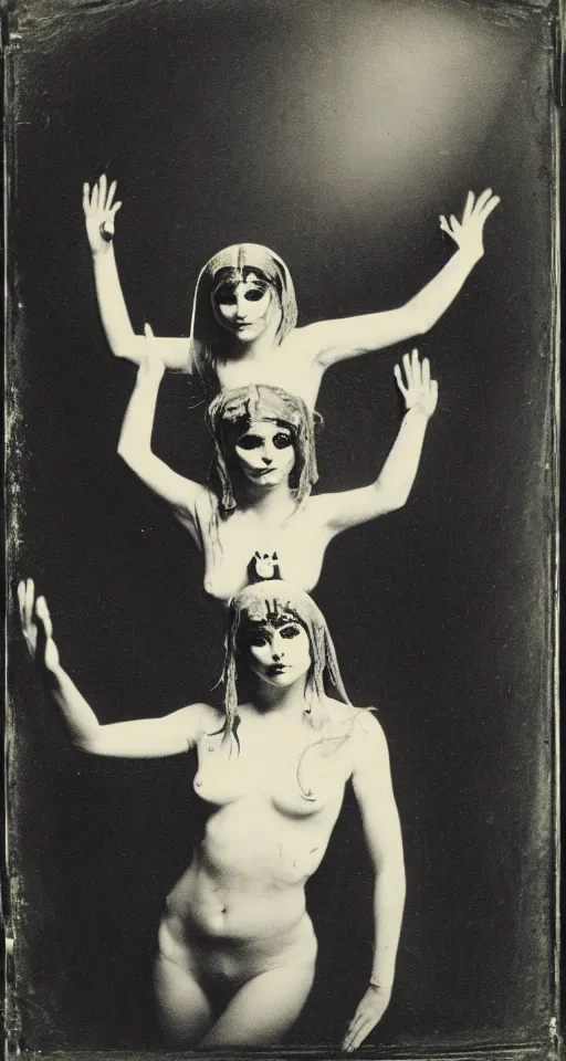 Image similar to wet plate photograph, portrait of Olivia Newton John cheerfully performing satanic occult dance rituals, Aleister Crowley illustrations on graph paper in the background, 1850