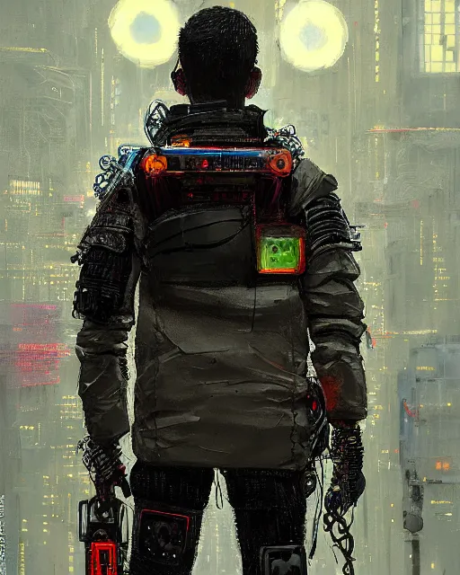 Prompt: detailed portrait Neon guard boy with short dark hair seen from the back, cyberpunk futuristic, reflective puffer jacket, decorated with traditional ornaments in front of a dystopian crowd with piles of garbage by Ismail inceoglu dragan bibin hans thoma, Perfect face, fine details, realistic shaded, fine-face, pretty face