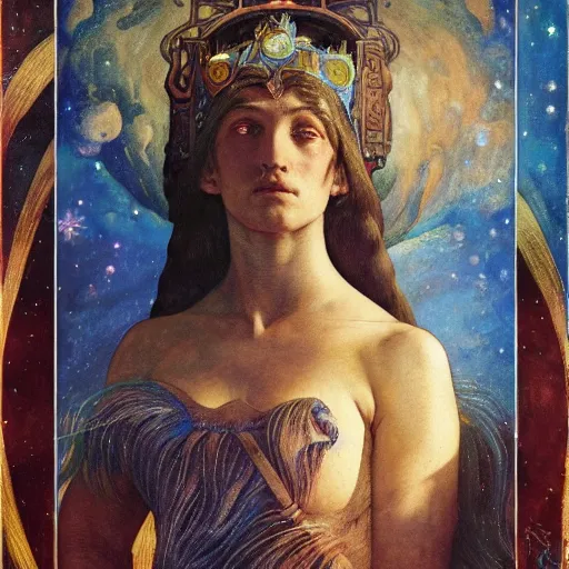 Image similar to queen of the moon with stars in her hair, by annie swynnerton and tino rodriguez and donato giancola and nicholas roerich and jean delville and diego rivera and charlie bowater and dulac, dramatic lighting, god rays, geometric tattoos, rich colors, smooth sharp focus, extremely detailed, adolf wolfli