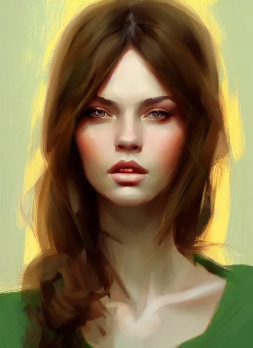 Image similar to portrait of a gorgeous young woman in the style of stefan kostic, green eyes, long brown hair, artstation, concept art