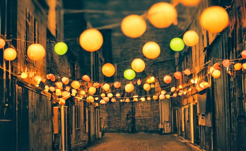 Image similar to mini cafe diorama macro photography, alleyway, ambient, colorful paper lanterns, atmospheric photograph, string lights, romantic